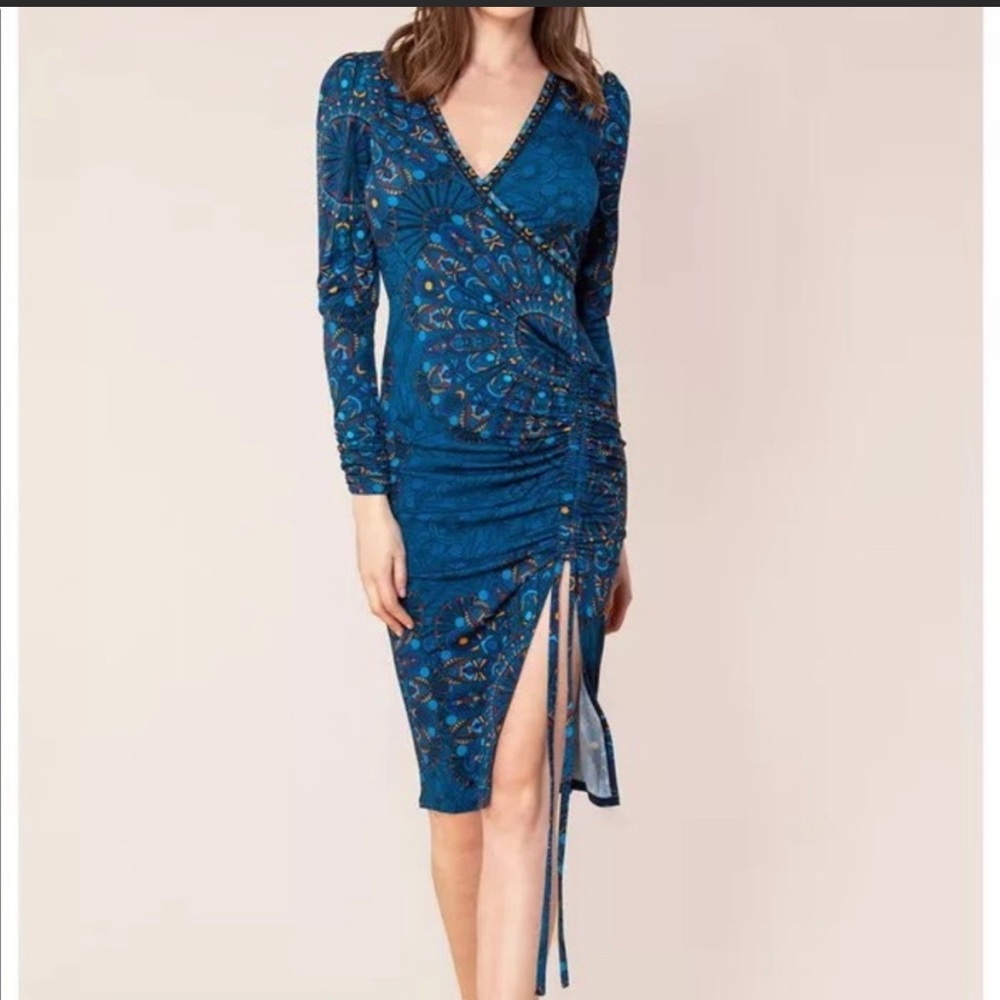 Hale Bob Teal Blue Printed Wrap Midi Dress
